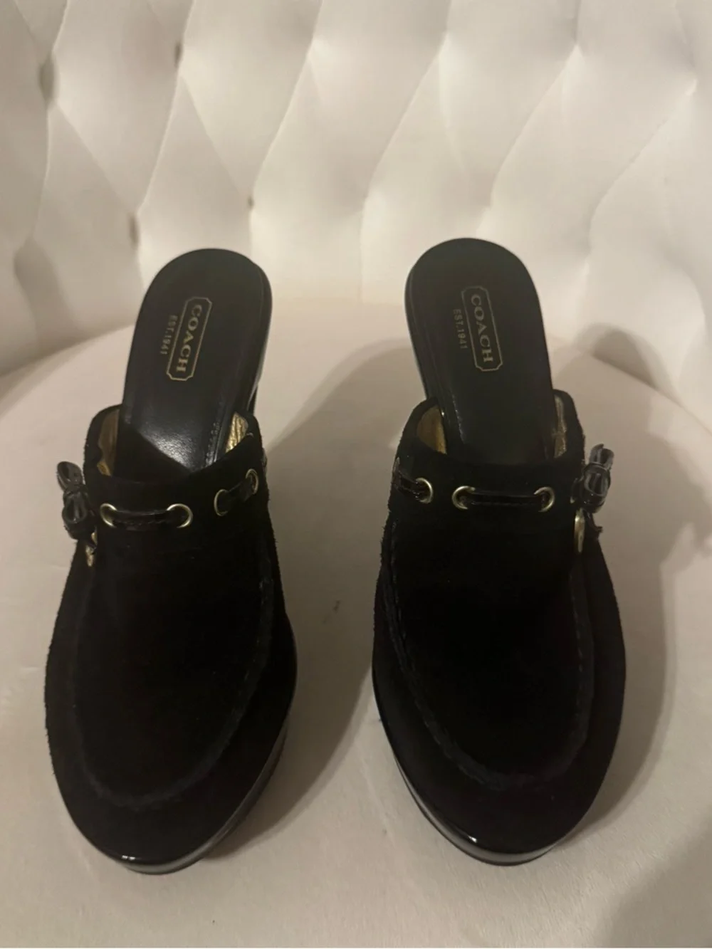COACH Black Velvet Slip-On Clog Mules with Gold-Tone Hardware